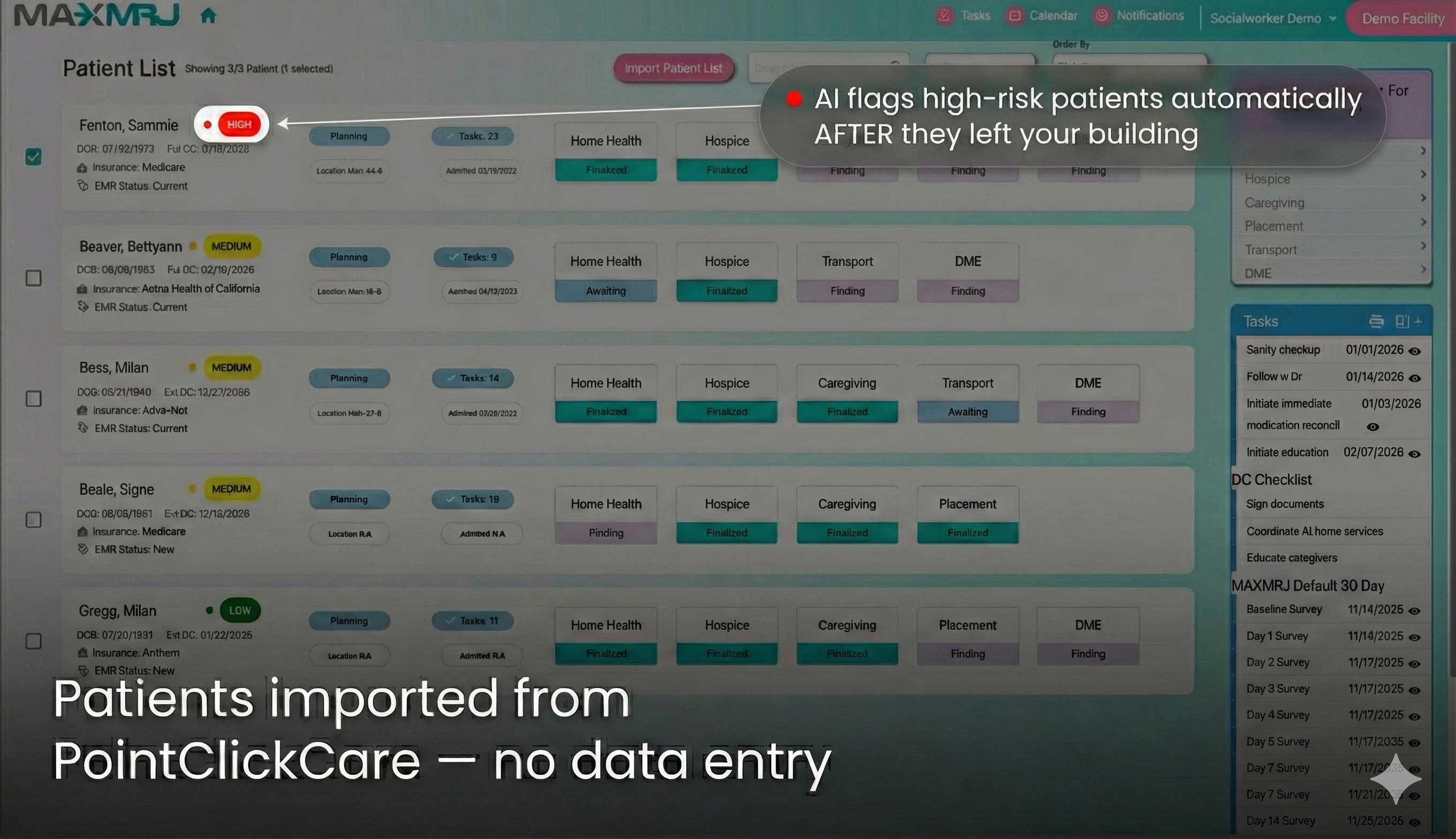 MAXMRJ care coordination dashboard showing patient list imported from PointClickCare