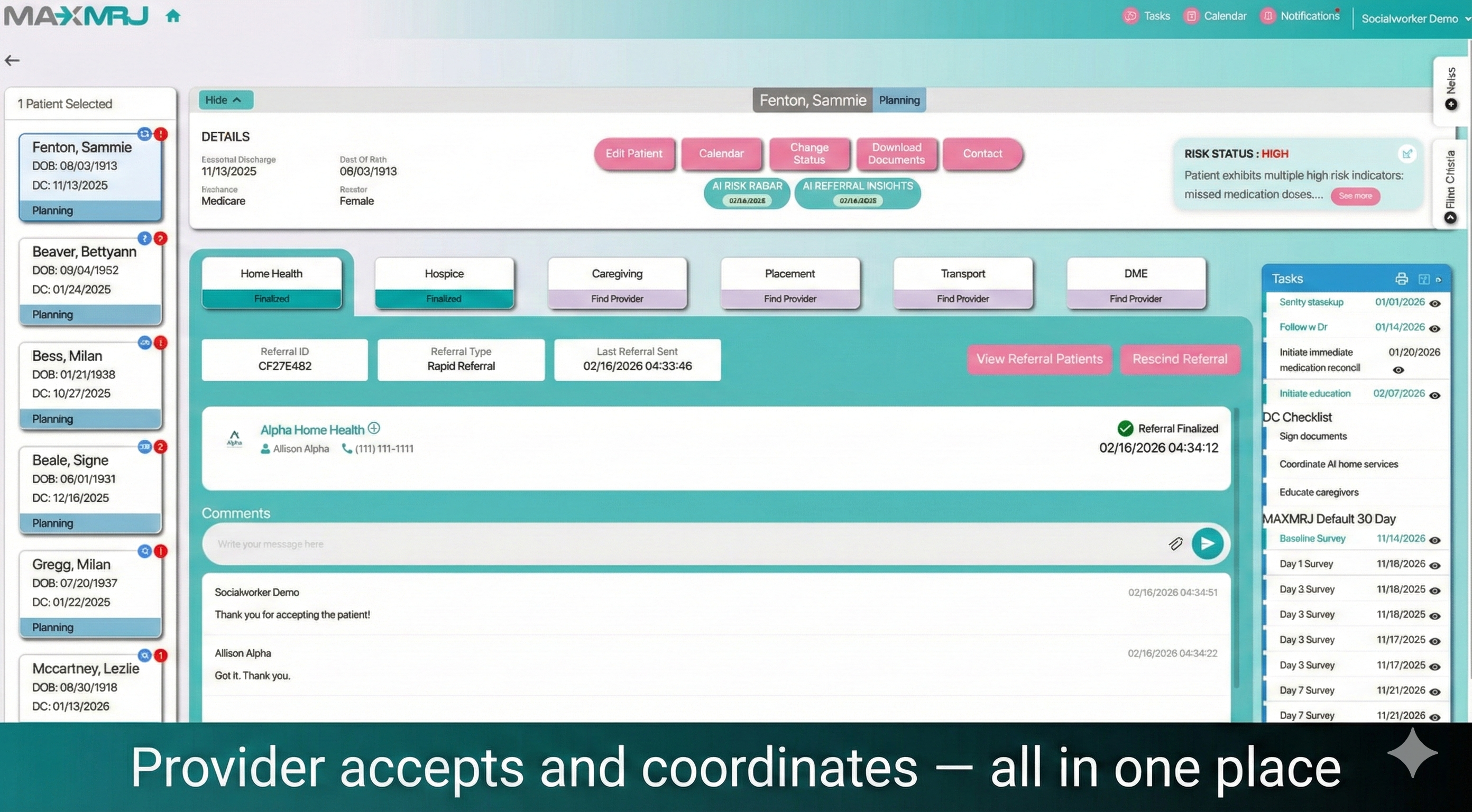 Provider accepts referral and coordinates securely in MAXMRJ